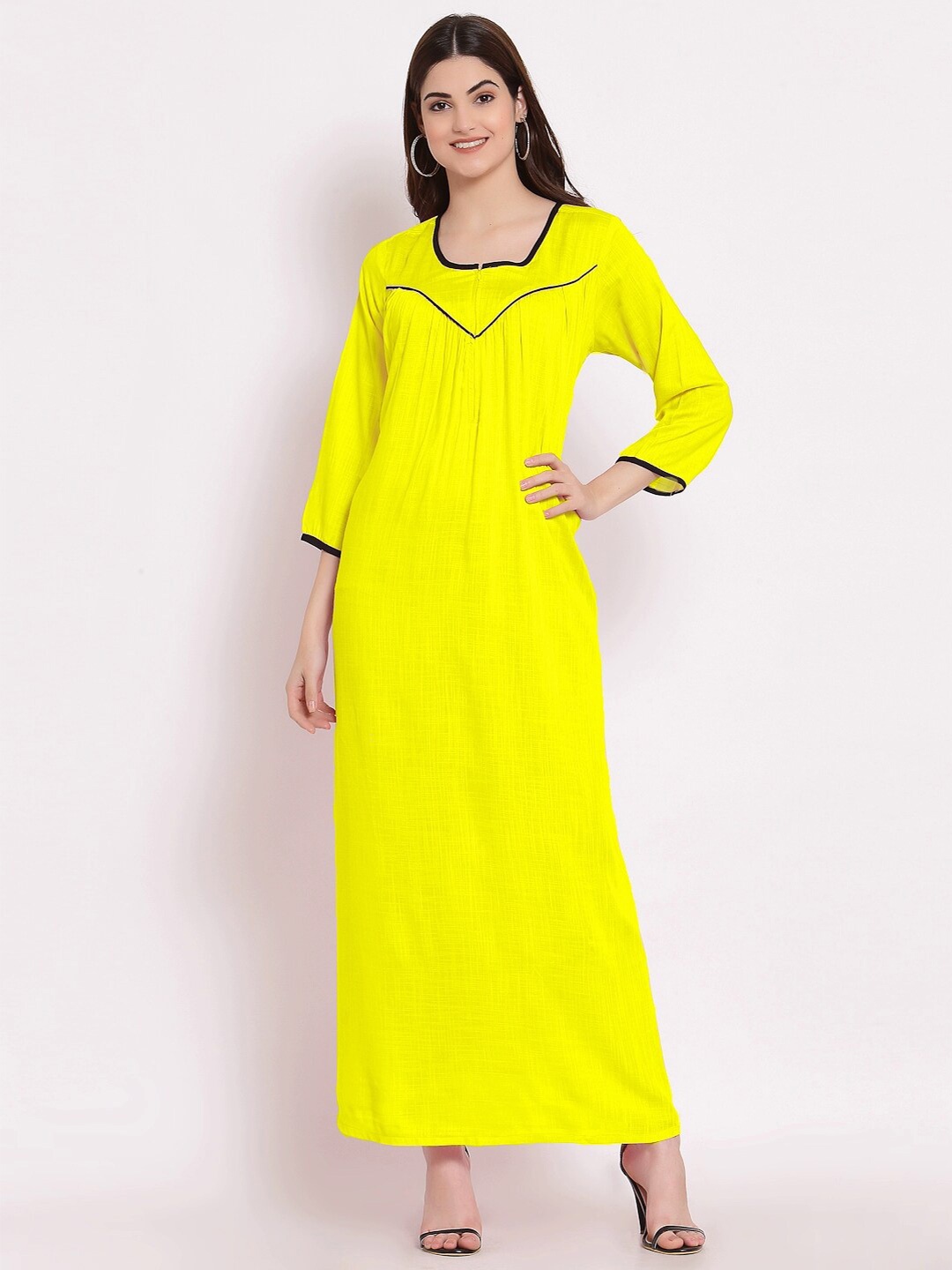 

PATRORNA Women Solid Long Sleeve Cotton Blend Maxi Nightdress, Yellow