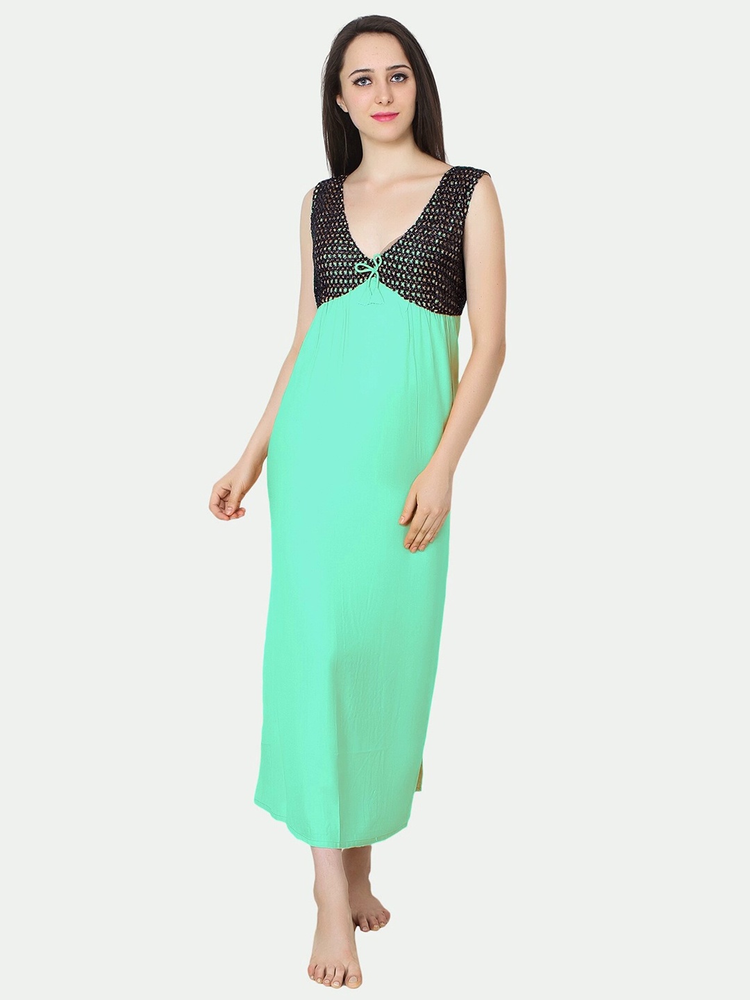 

PATRORNA Women Solid Cotton Blend V-Neck Maxi Nightdress, Green