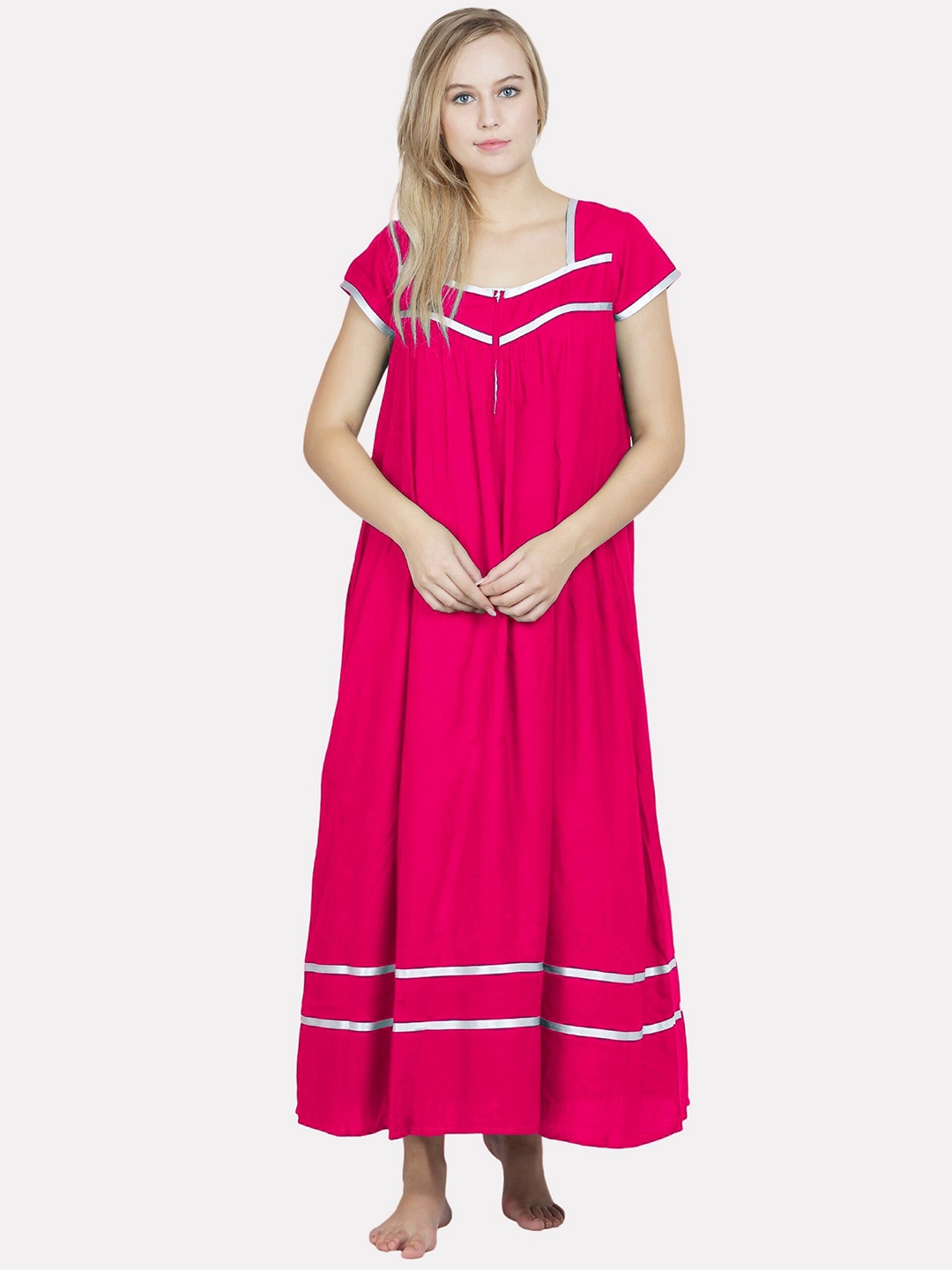 

PATRORNA Women Solid V-Neck Maxi Nightdress, Pink