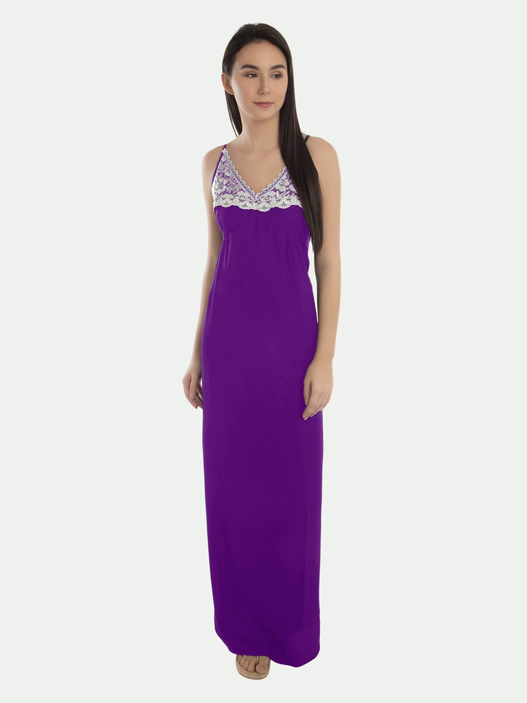 

PATRORNA Women Solid V-Neck Maxi Nightdress, Purple