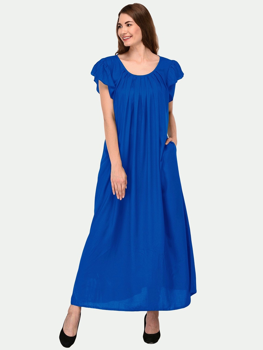 

PATRORNA Women Solid Cotton Blend Maxi Nightdress, Blue