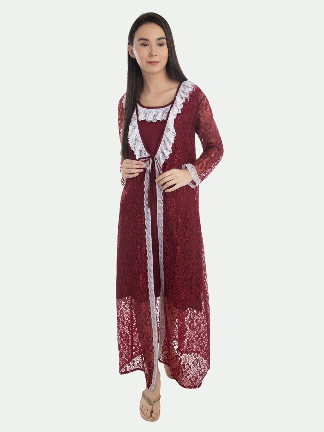 

PATRORNA Women Solid Cotton Blend Midi Nightdress With Maxi Net Robe, Maroon