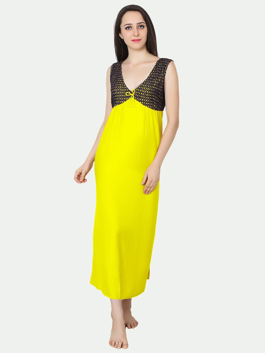 

PATRORNA Women Solid V-Neck Cotton Blend Maxi Nightdress, Yellow