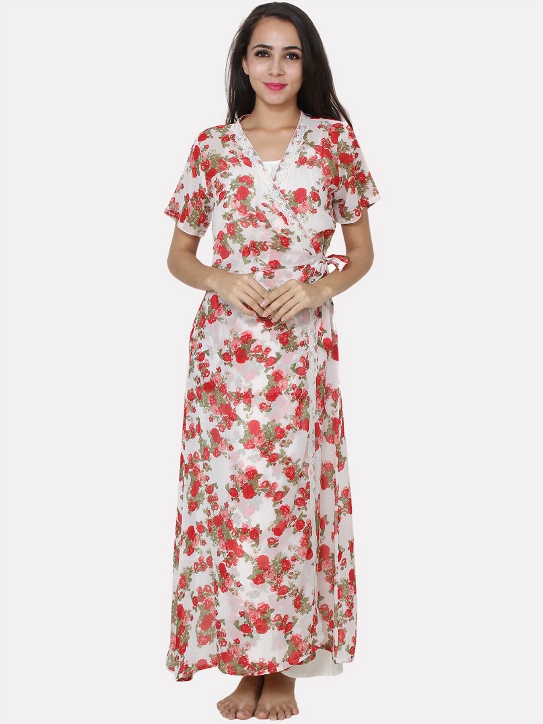 

PATRORNA Women Solid Maxi Nightdress With Floral Printed Poly Blend Robe, White