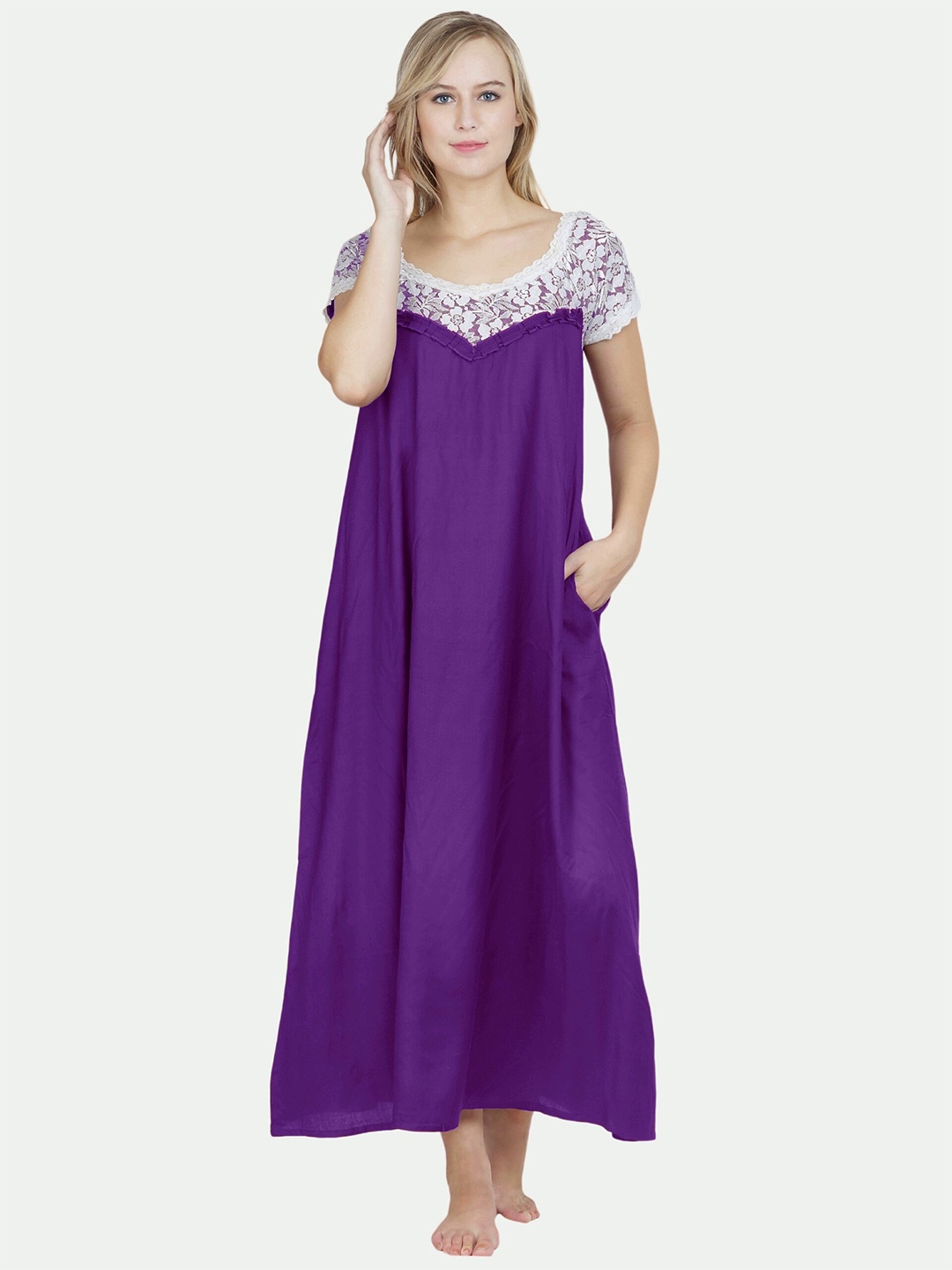 

PATRORNA Women Solid Cotton Blend Maxi Nightdress, Purple