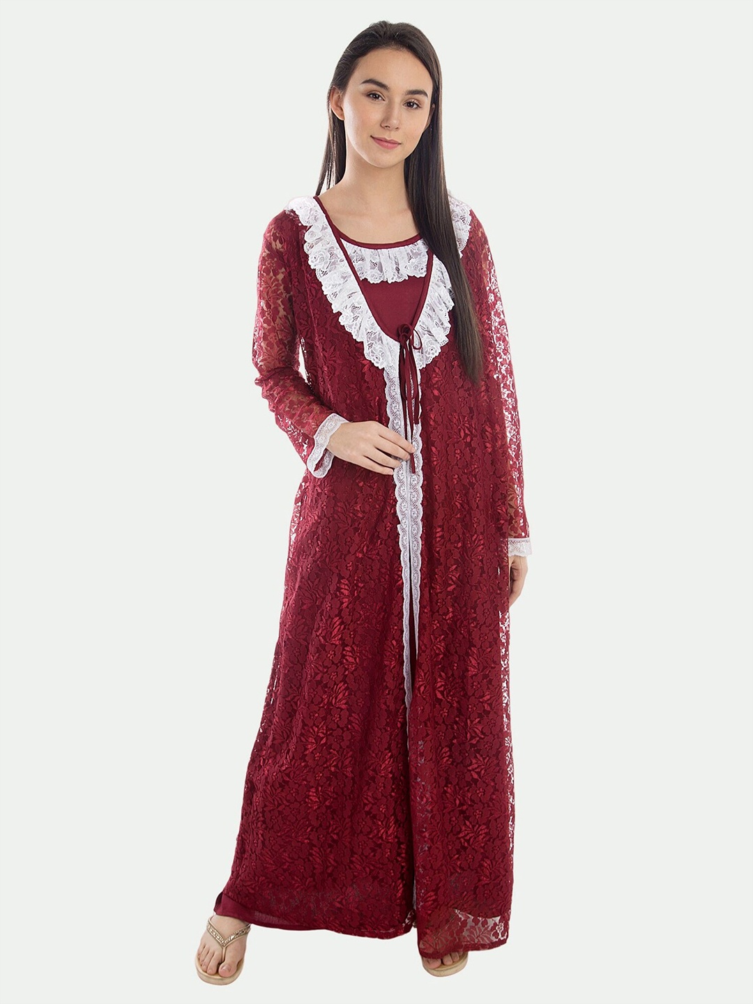 

PATRORNA Women Solid Maxi Nightdress With Net Robe, Maroon