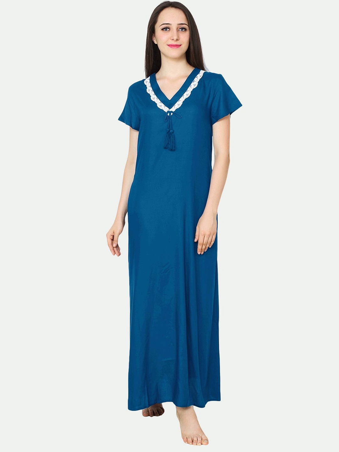 

PATRORNA Women Solid V-Neck Cotton Blend Maxi Nightdress, Blue