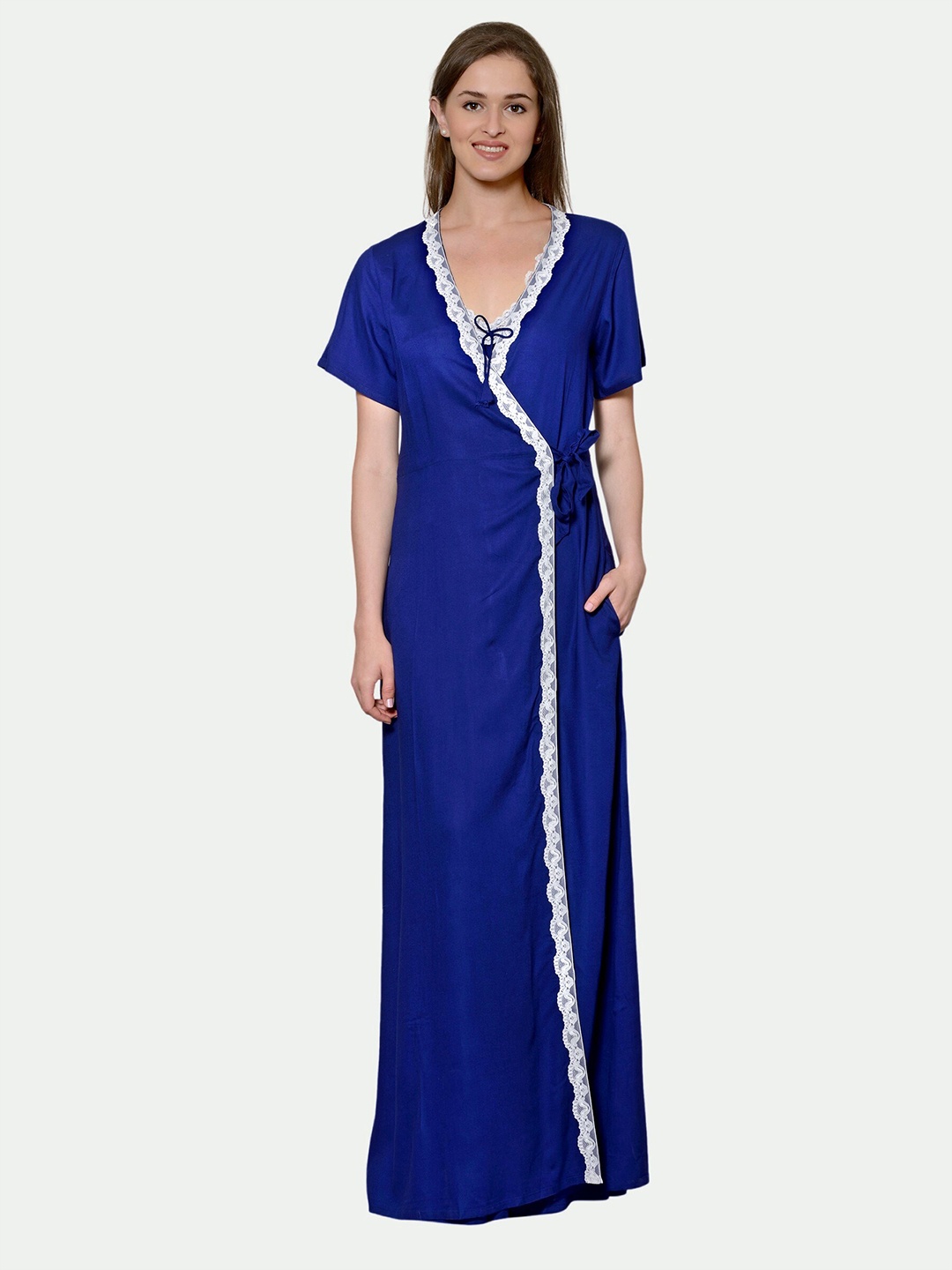 

PATRORNA Women Solid Cotton Blend Maxi Nightdress With Robe, Blue