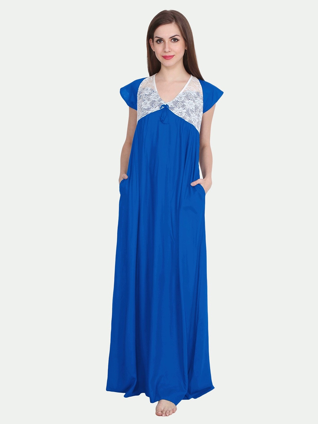 

PATRORNA Women Solid V-Neck Cotton Blend Maxi Nightdress, Blue