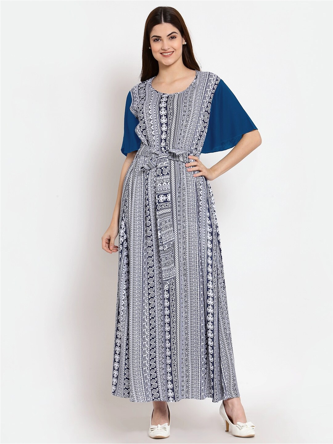 

PATRORNA Women Printed Cotton Blend A-Line Maxi Dress, Blue