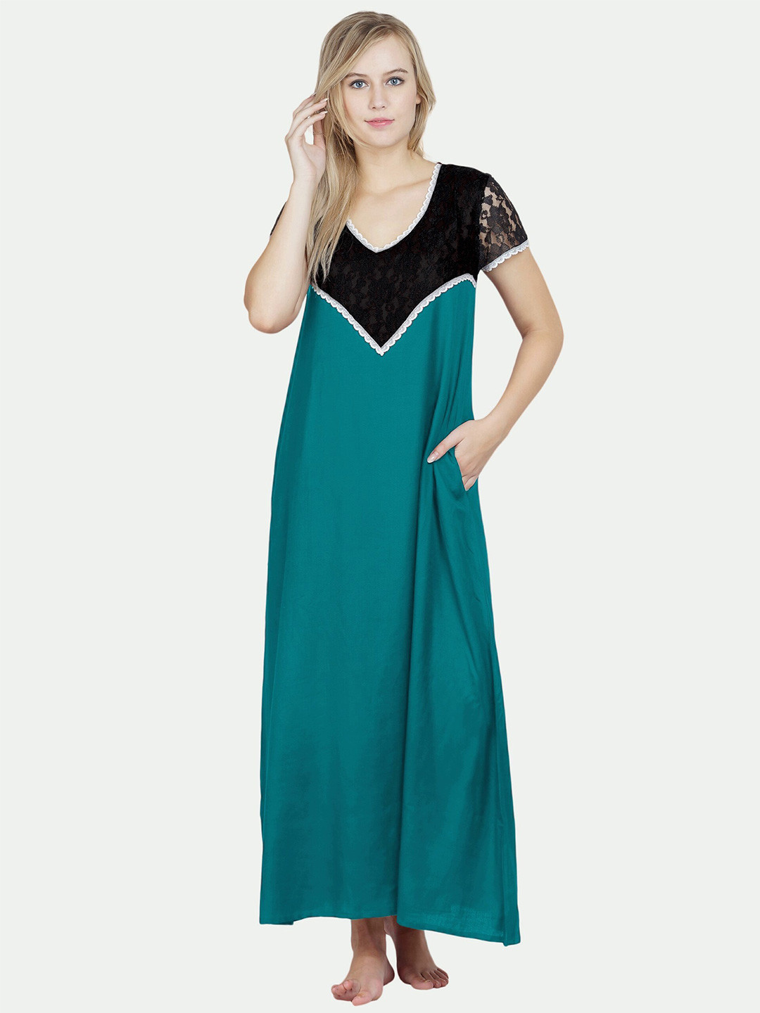 

PATRORNA Women Solid Cotton Blend Maxi Nightdress, Green