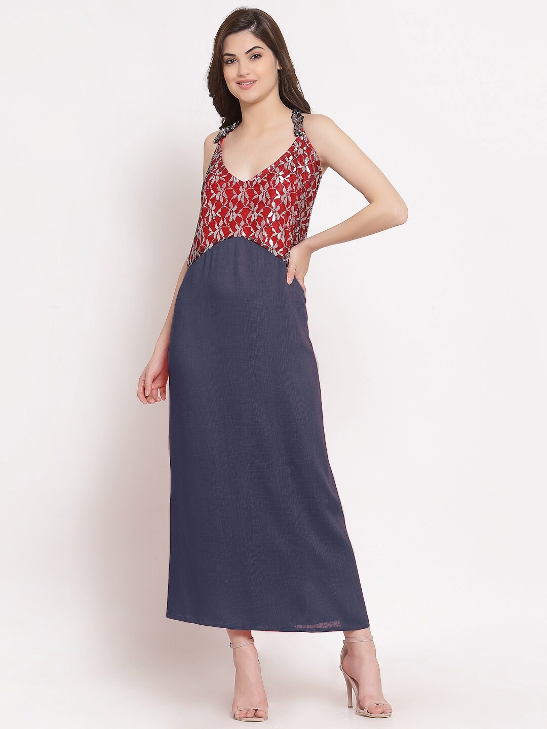

PATRORNA Women Self Designed Cotton Blend Maxi Nightdress, Maroon