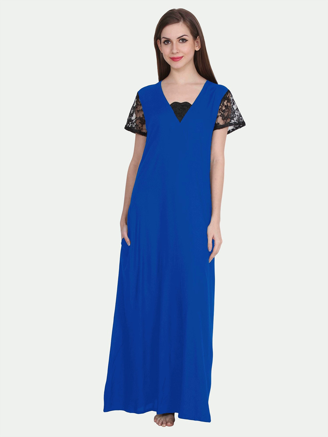 

PATRORNA Women Solid V-Neck Cotton Blend Maxi Nightdress, Blue