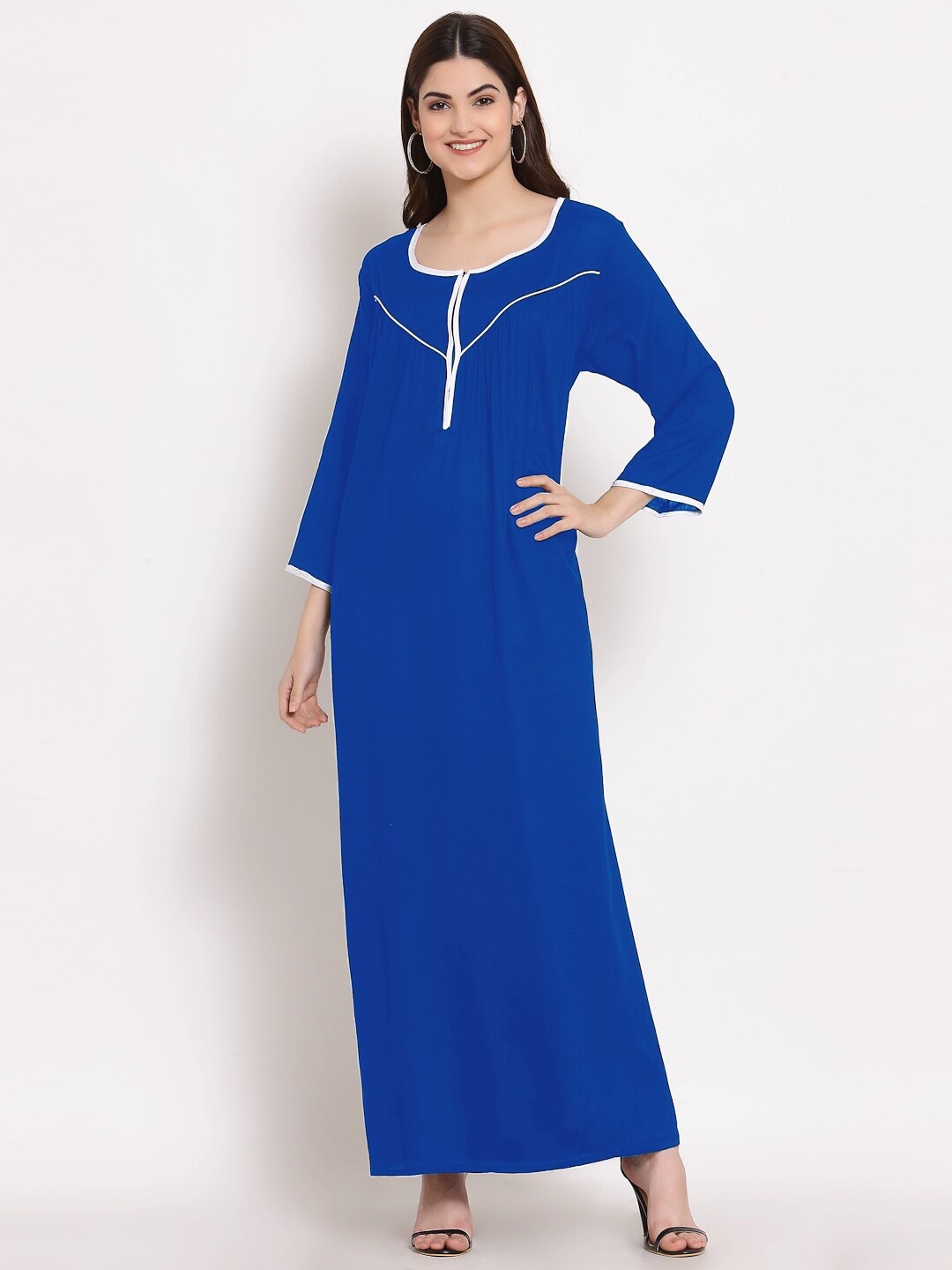 

PATRORNA Women Solid Long Sleeve Cotton Blend Maxi Nightdress, Blue