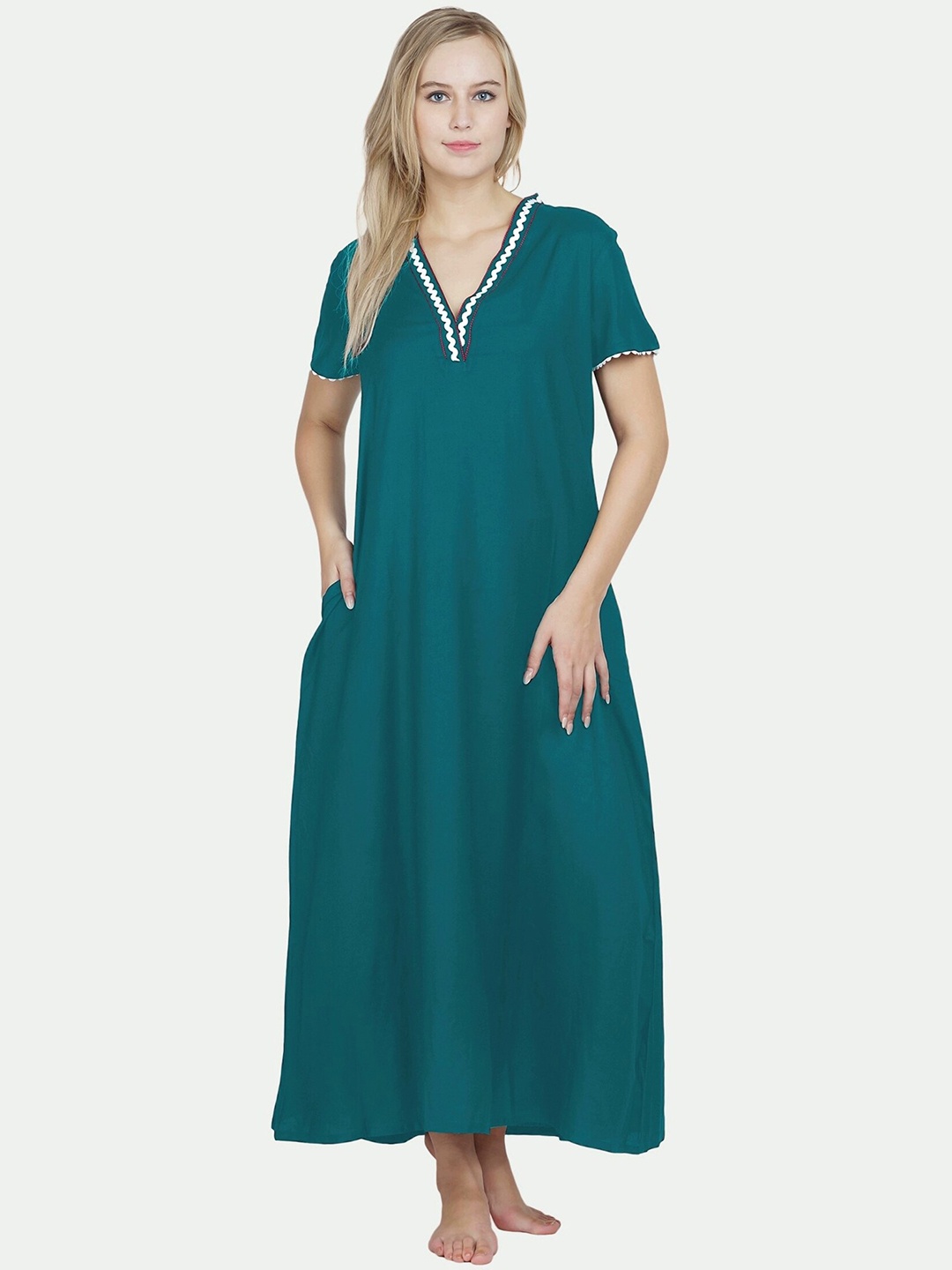 

PATRORNA Women Solid V-Neck Cotton Blend Maxi Nightdress, Green