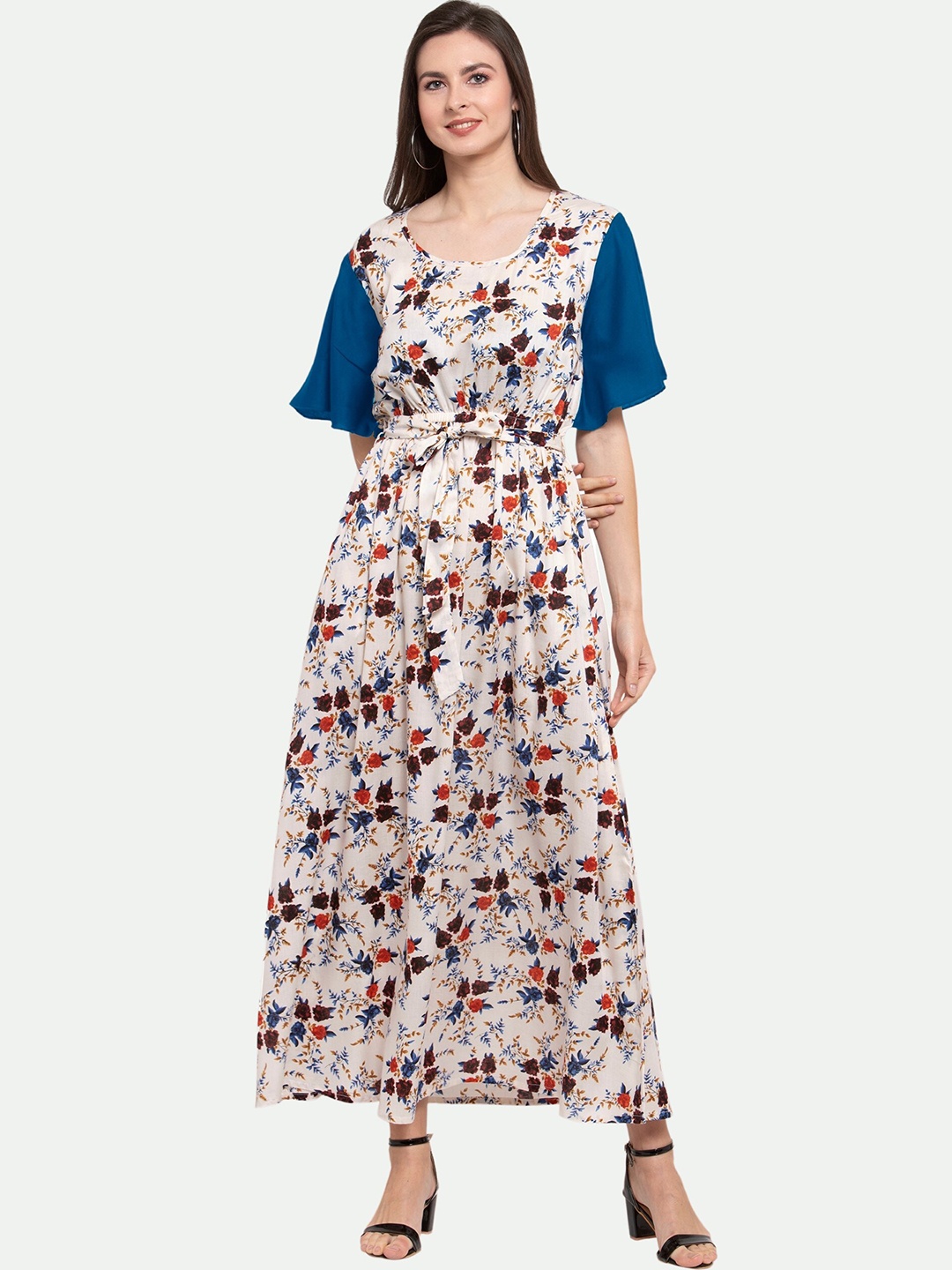 

PATRORNA Women Floral Printed Cotton Blend A-Line Maxi Dress, Teal