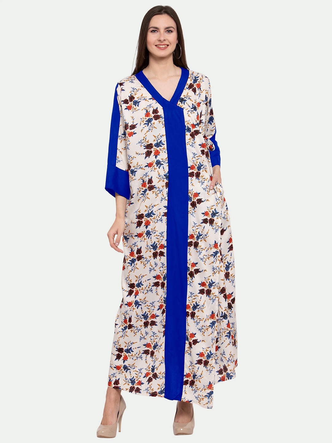 

PATRORNA Women Floral Printed Cotton Blend Maxi Nightdress, Off white