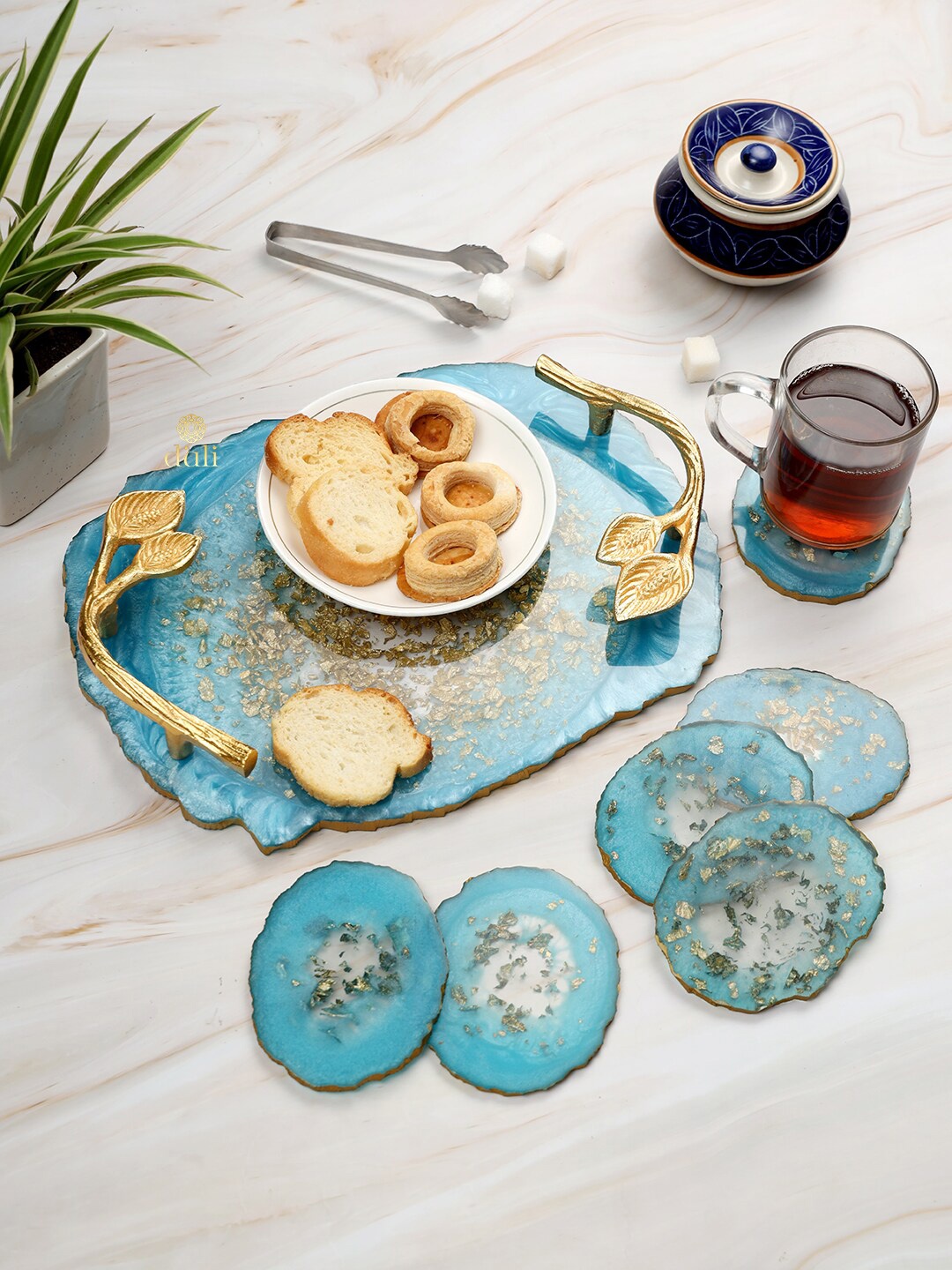 

DULI Blue Resin Serving Tray Platter with 6 Pcs Oval Coasters