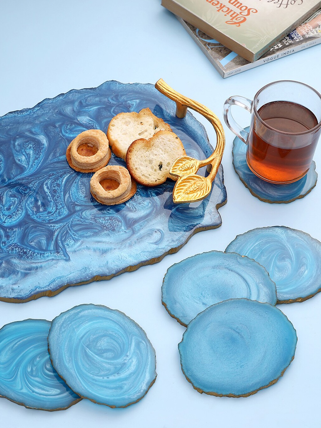 

DULI Printed Tray with 6 Oval Coasters, Blue