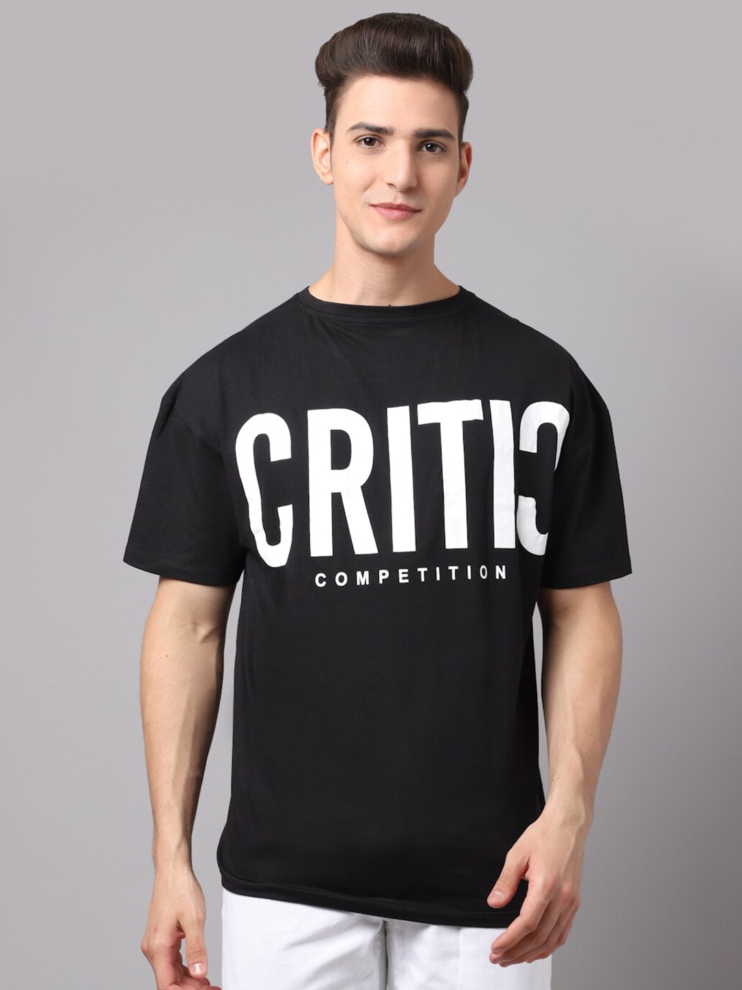 

DOOR74 Men Black Typography Printed Oversized T-shirt