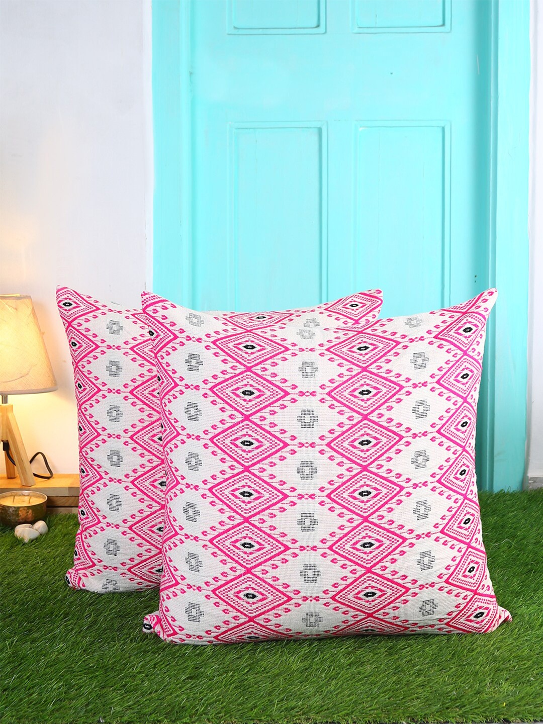 

KRAVIKA Set of 2 Geometric Square Cushion Covers, Pink