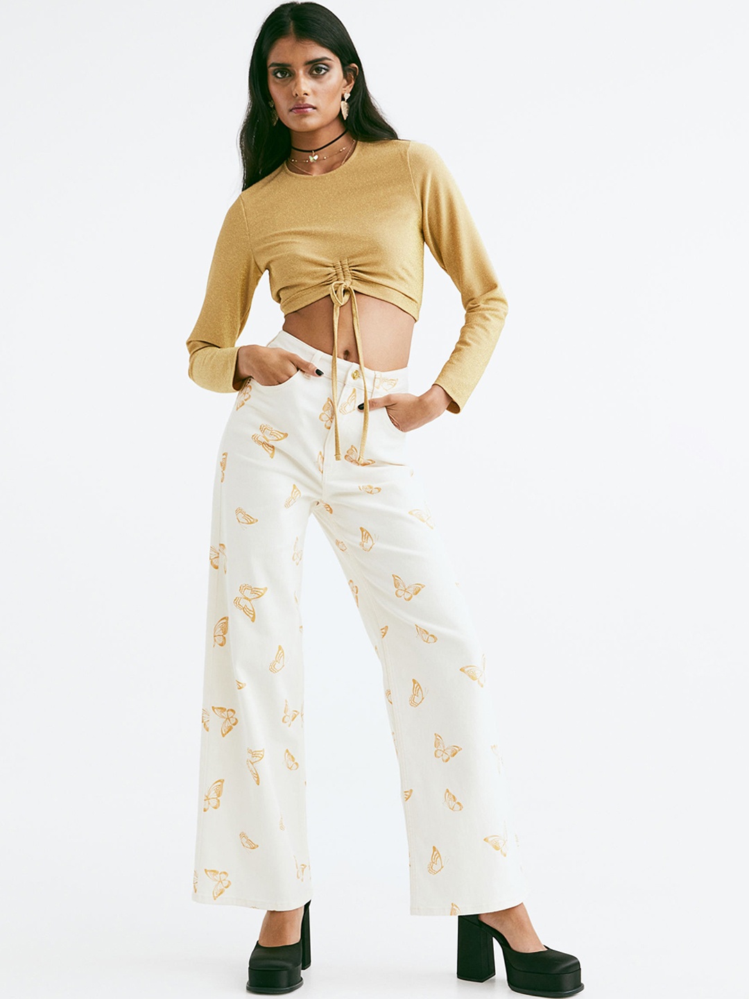 

H&M Women Patterned Twill Trousers, White