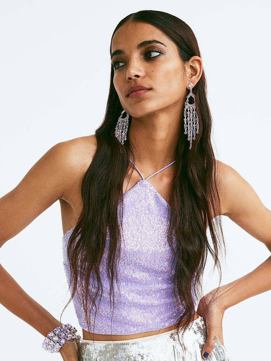

H&M Women Sequined Crop Top, Purple