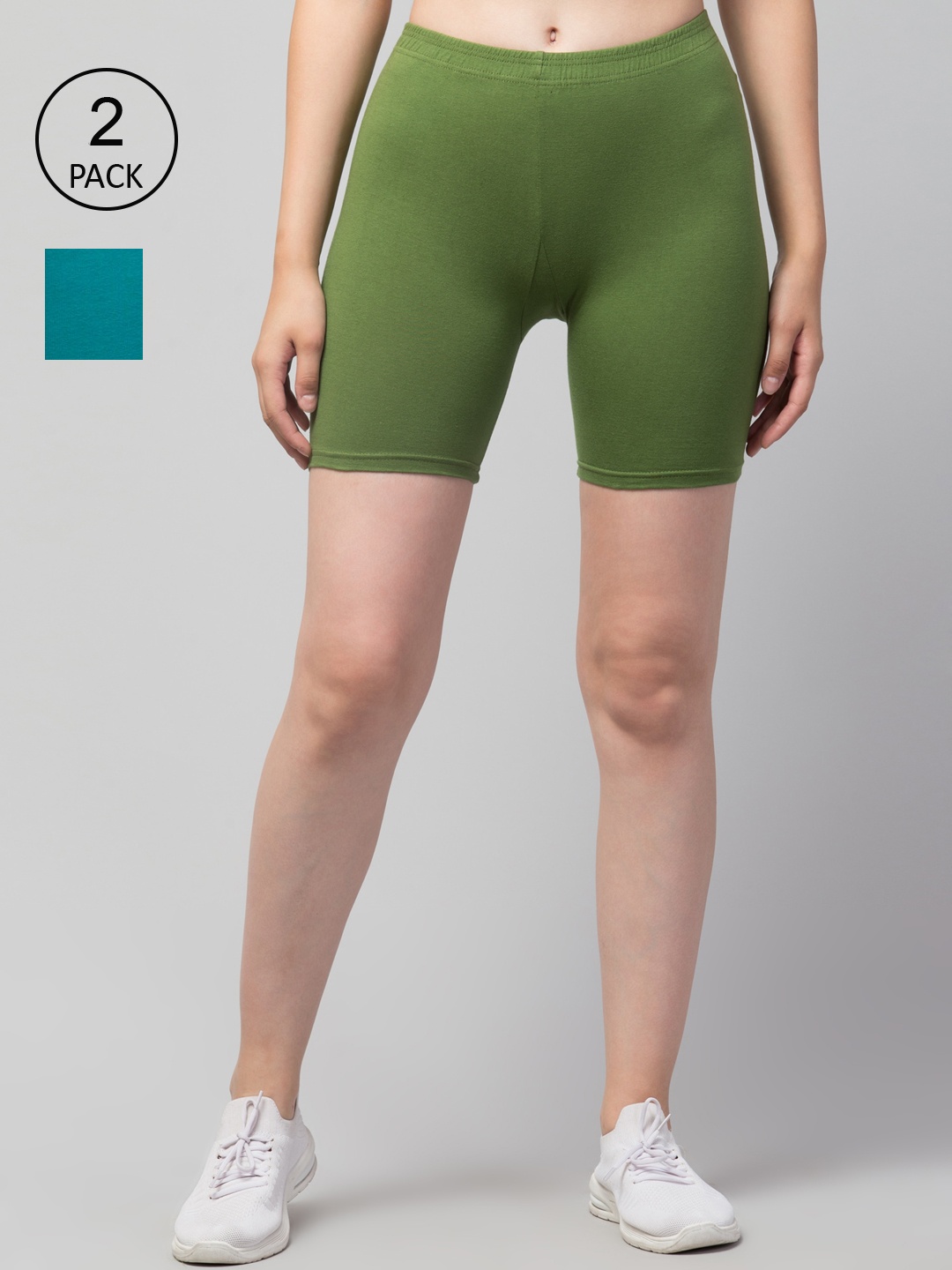 Apraa & Parma Women Pack Of 2 Slim Fit Cotton Cycling Shorts, Green