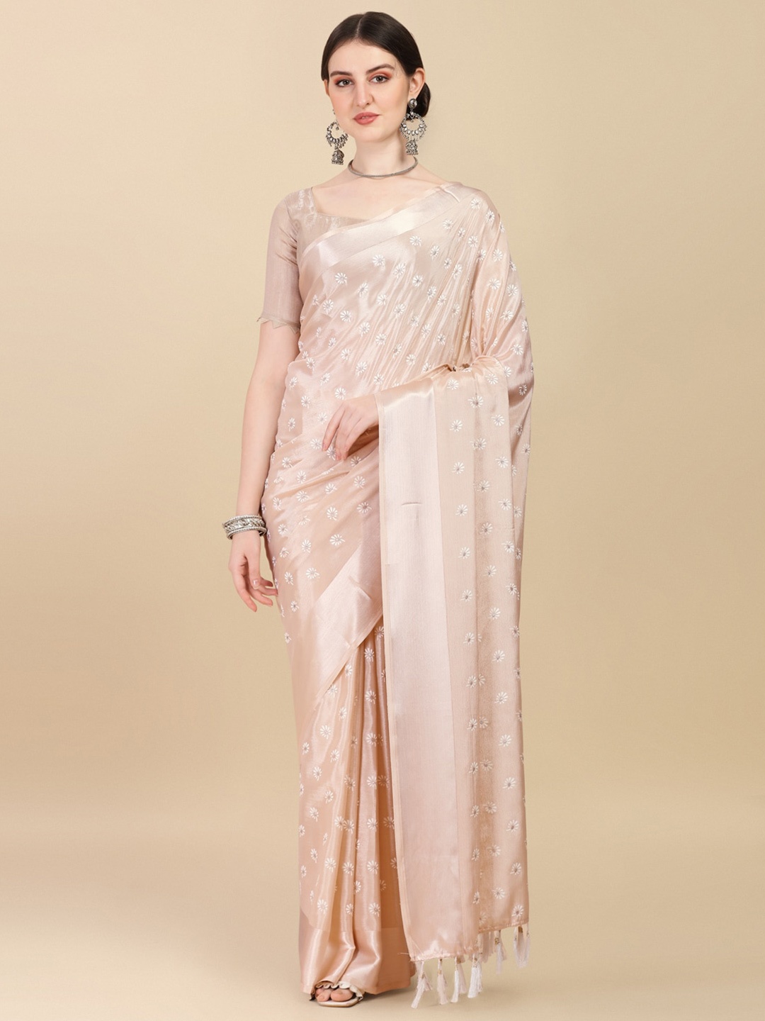 

Fab Dadu Beige & White Floral Satin Ready to Wear Saree