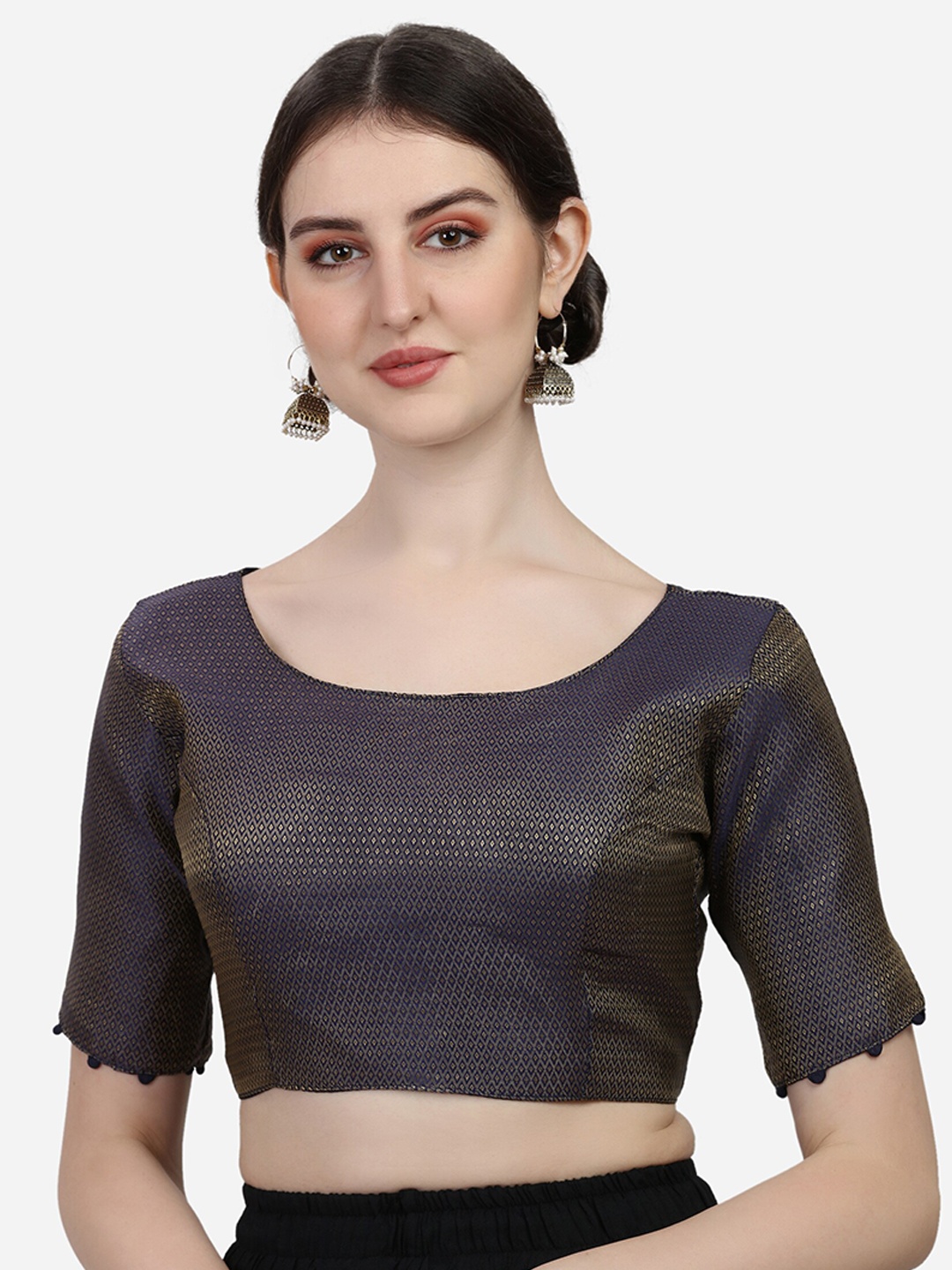 

Fab Dadu Women Navy Blue & Gold Woven-design Jacquard Saree Blouse