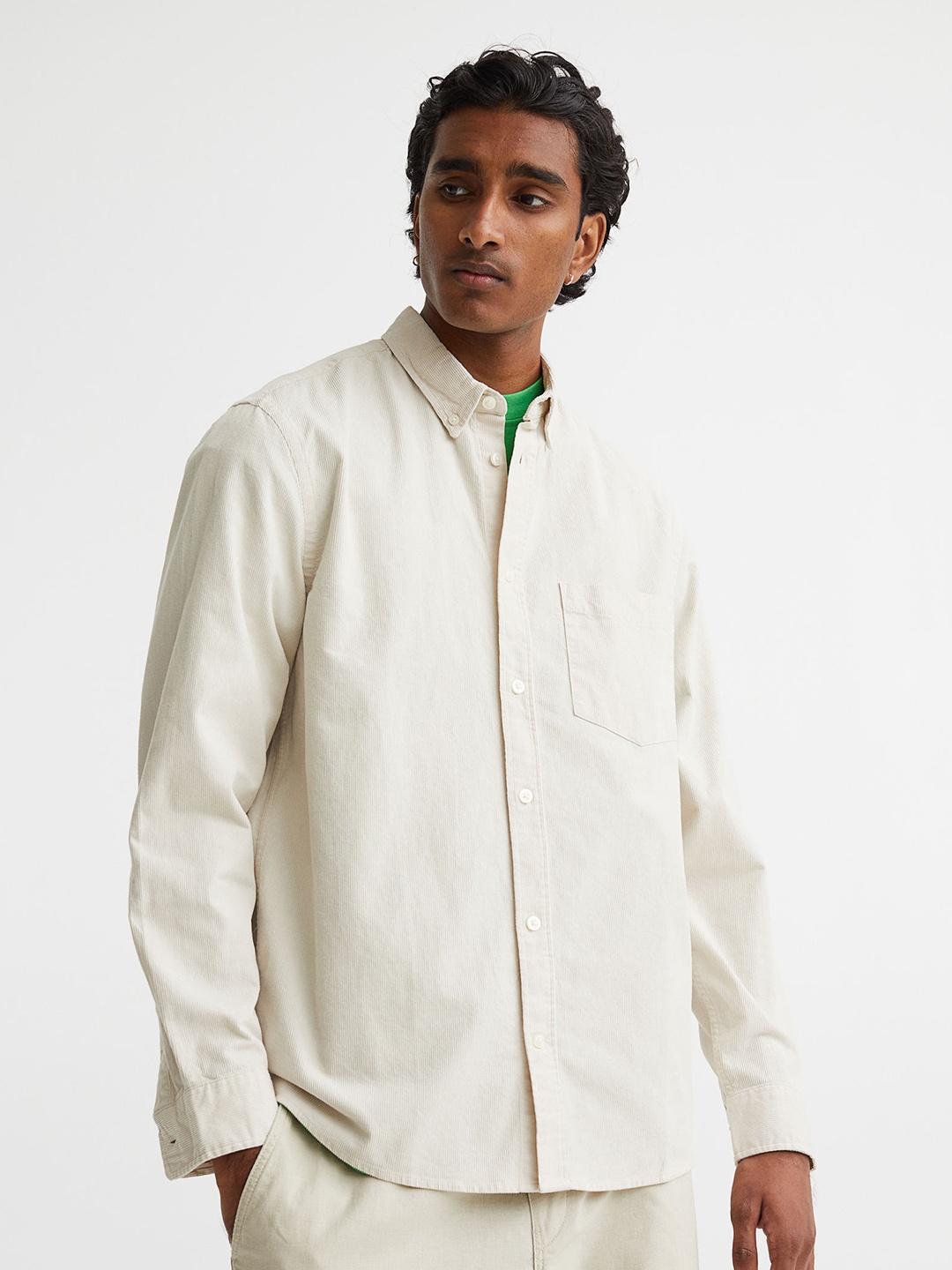 

H&M Men Regular Fit Corduroy Shirt, White