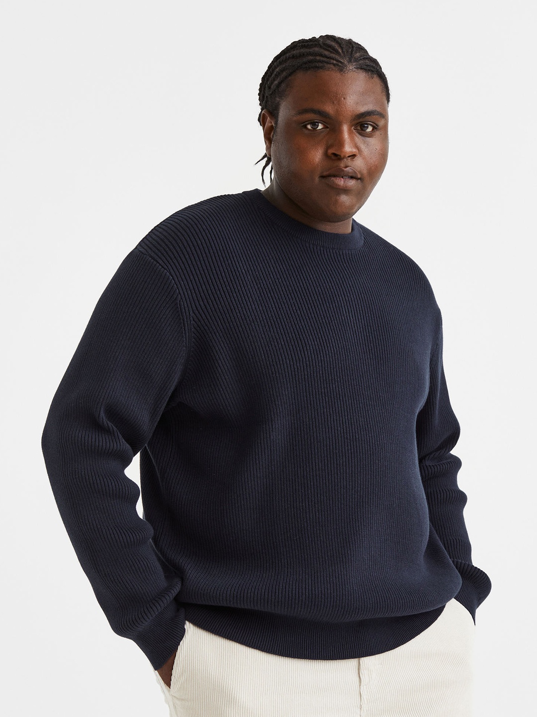 

H&M Men Navy Blue Relaxed Fit Rib-knit Jumper
