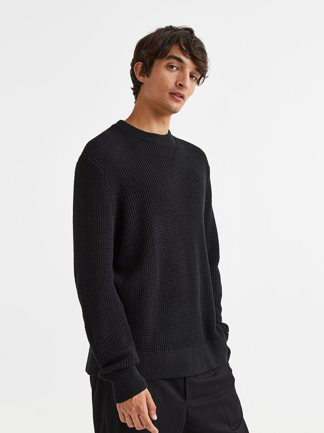 

H&M Men Black Regular Fit Waffle-knit Jumper