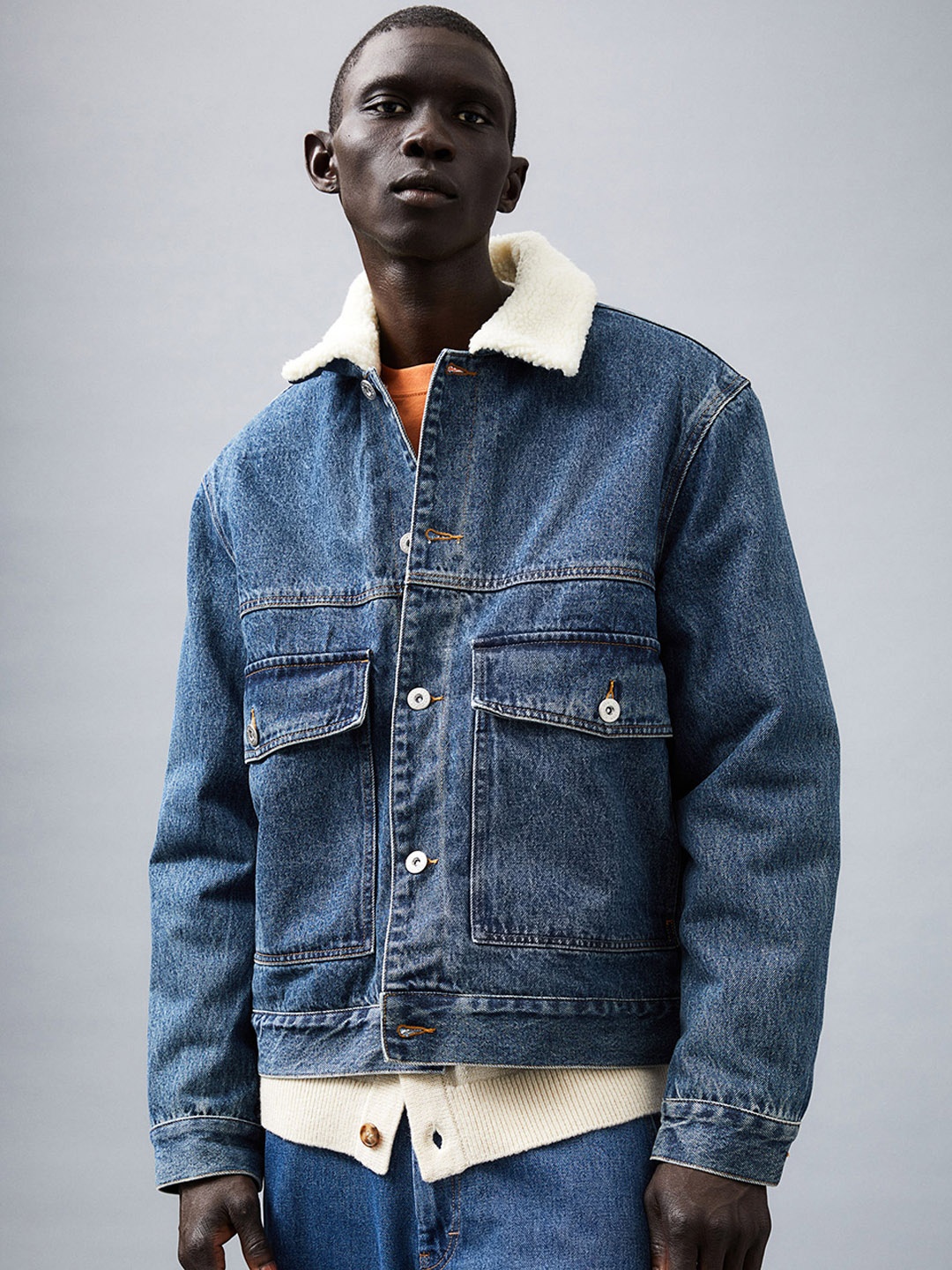 

H&M Men Blue Lined Borg-Collared Denim Jacket
