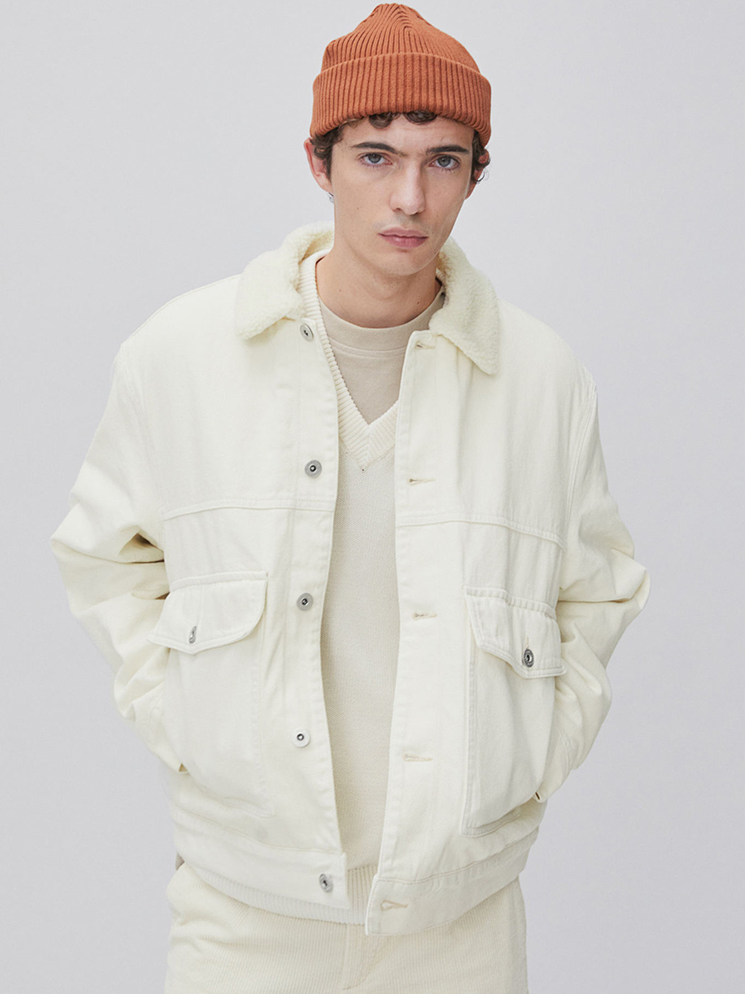 

H&M Men White Lined Borg-Collared Denim Jacket