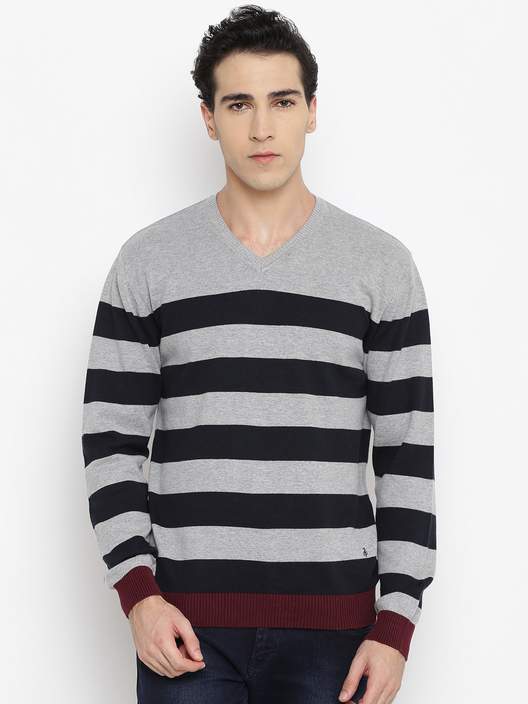 

John Players Men Grey Melange & Navy Striped Sweater
