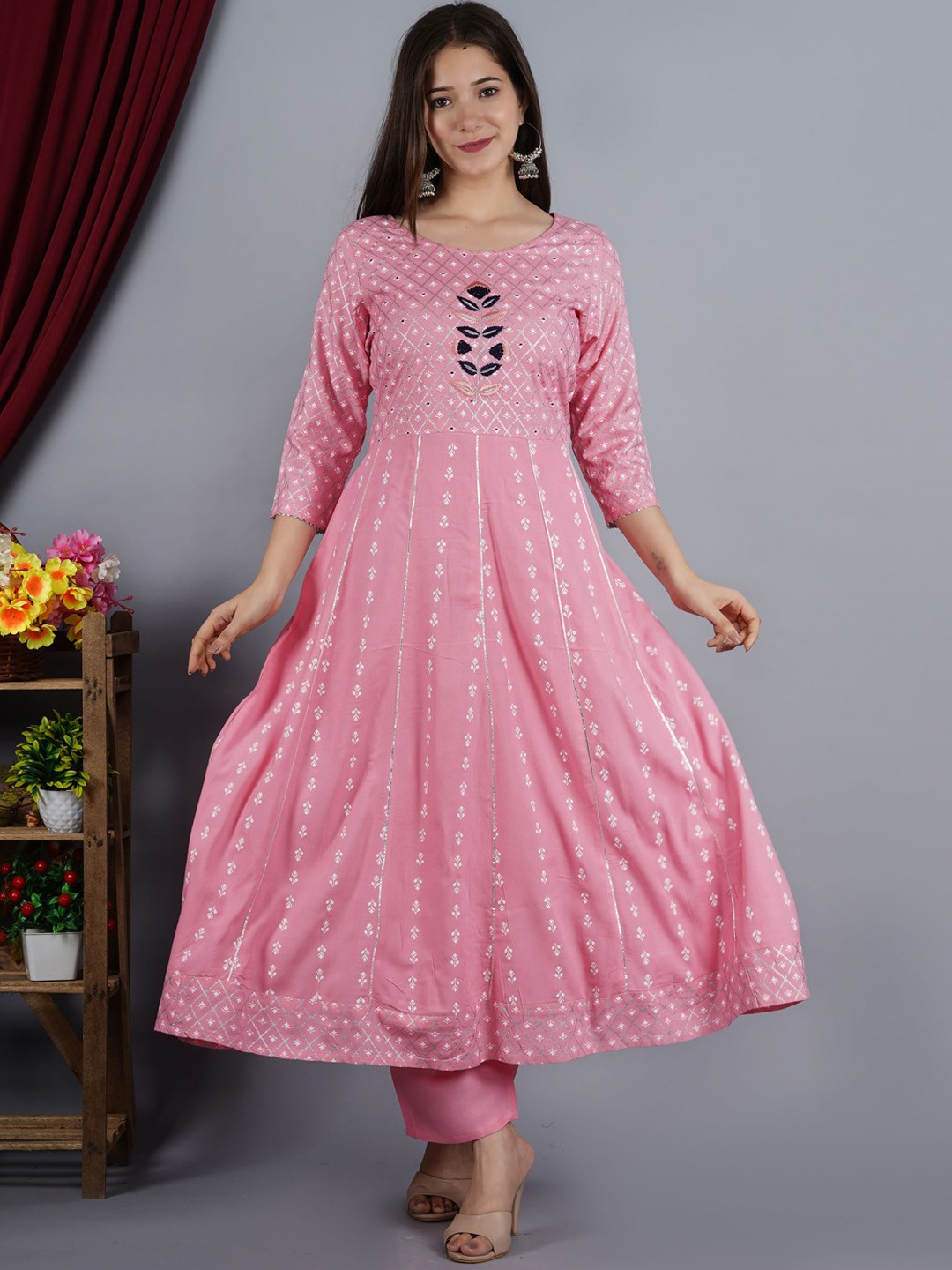 

SINGNI Women Floral Yoke Design Thread Work Kurta with Trouser & Dupatta, Pink