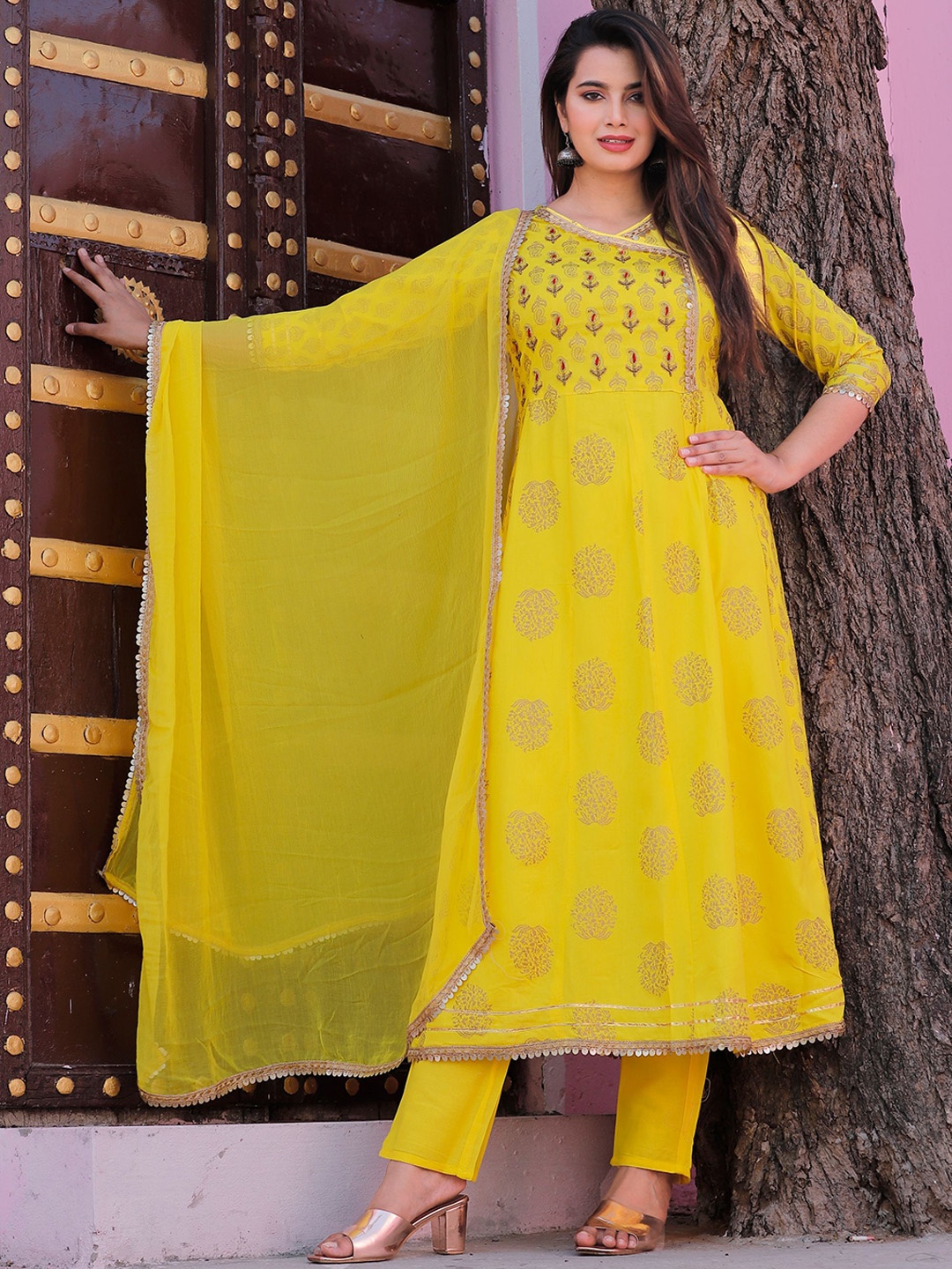 

SINGNI Women Yoke Design Angrakha Kurta with Trouser & Dupatta, Yellow