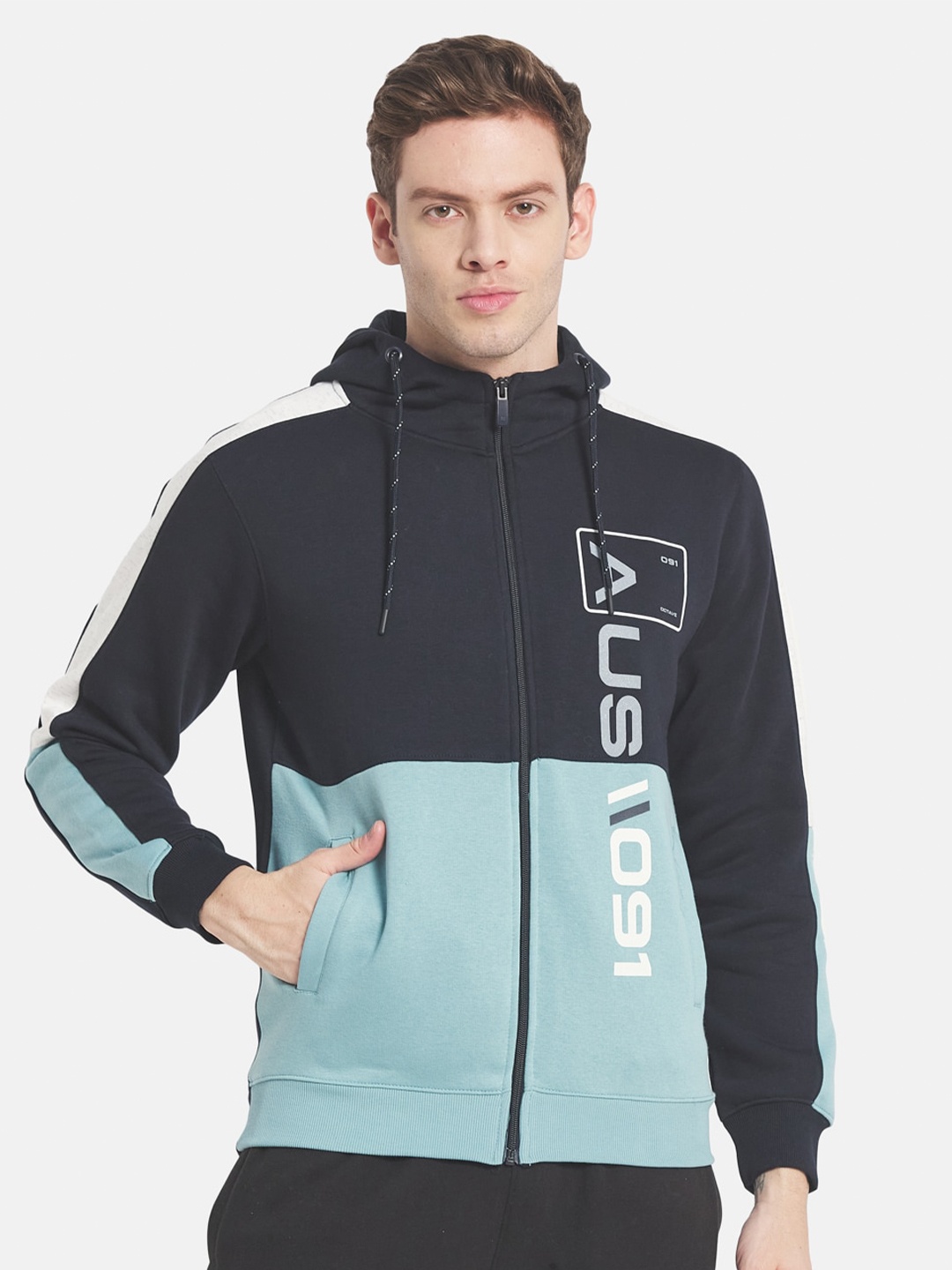 

Octave Men Colourblocked Hooded Sweatshirt, Teal