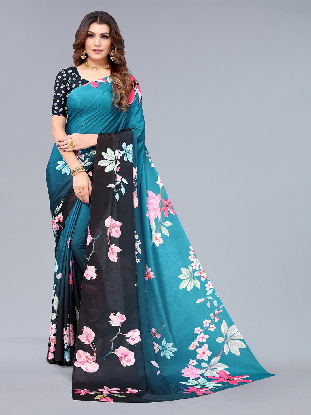 

Fashion FRICKS Blue & Black Floral Pure Cotton Saree