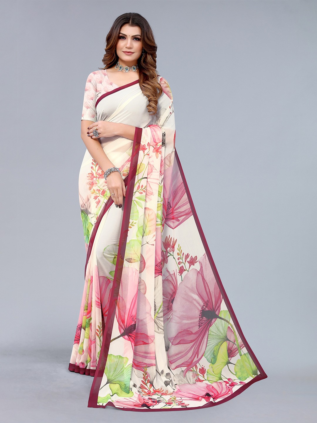 

Fashion FRICKS White & Pink Floral Pure Georgette Saree