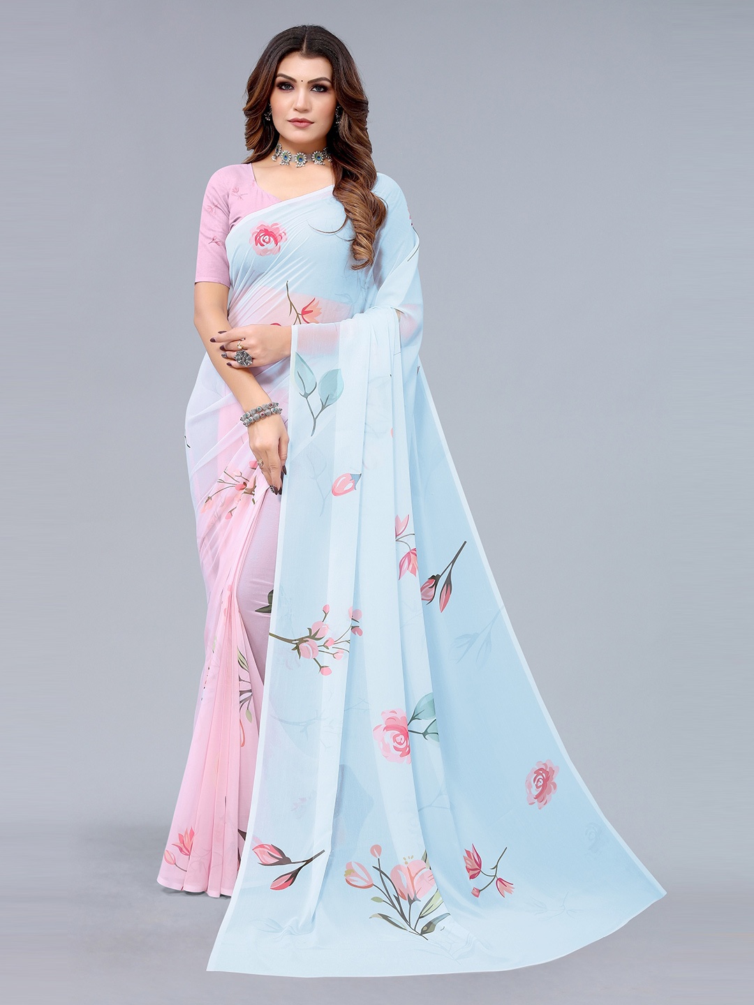 

Fashion FRICKS Pink & Blue Floral Pure Georgette Saree