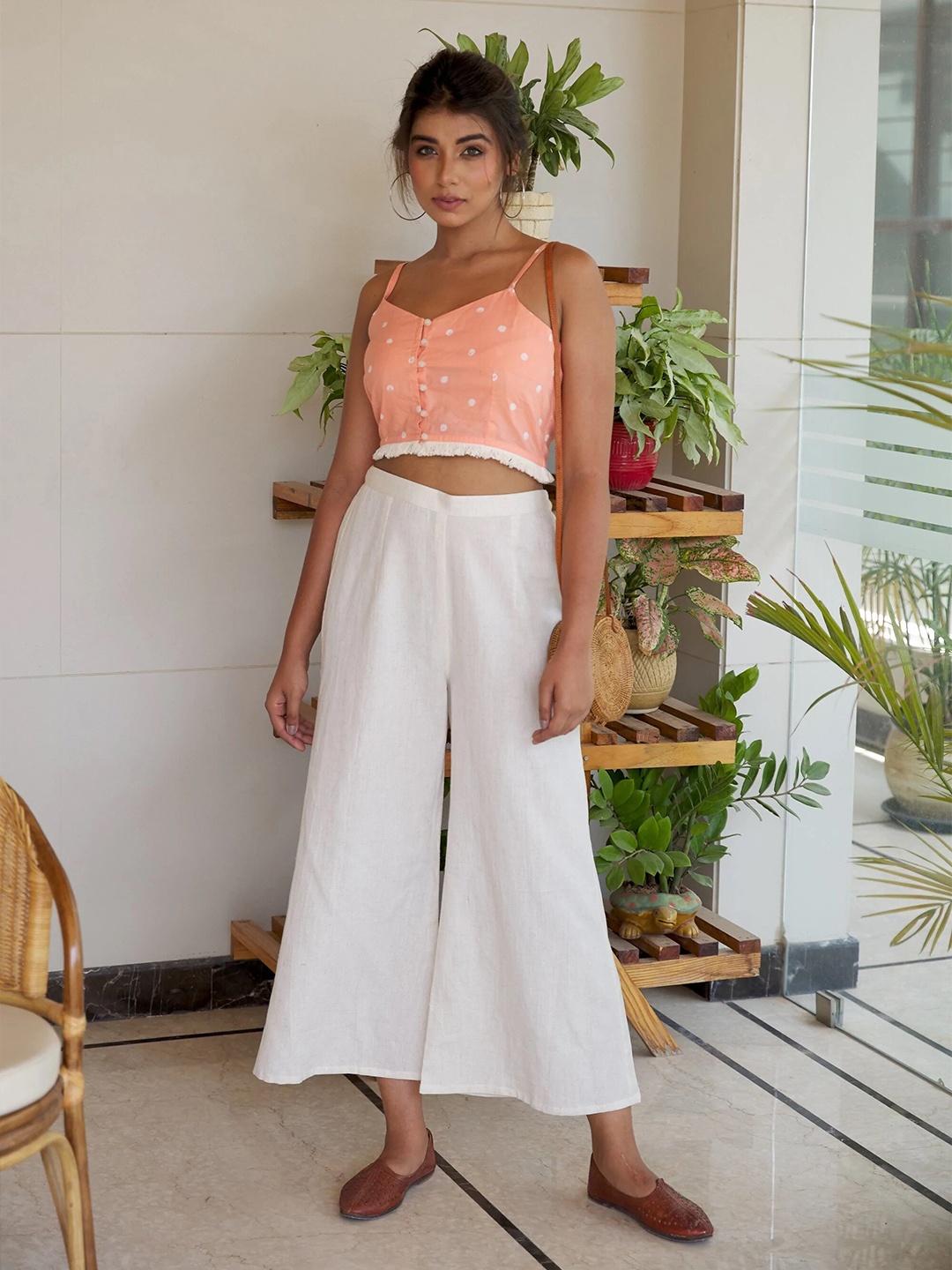 

NANGALIA RUCHIRA Women Peach-Coloured Geometric Print Bralette Crop Top