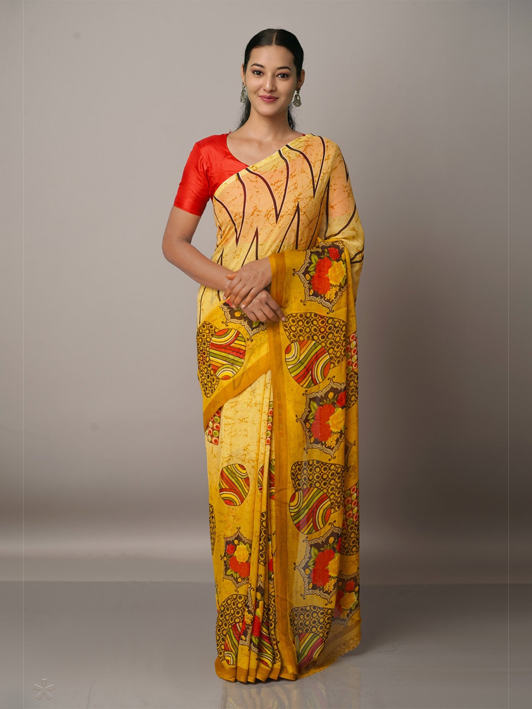 

Unnati Silks Ethnic Motifs Block Print Saree, Yellow