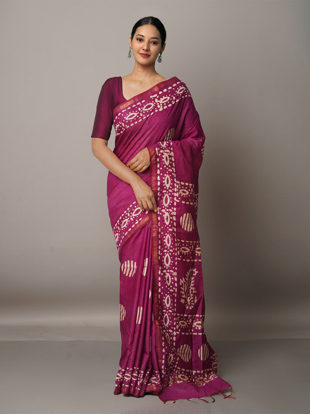 

Unnati Silks Purple & Cream-Coloured Batik Pure Silk Chanderi Saree