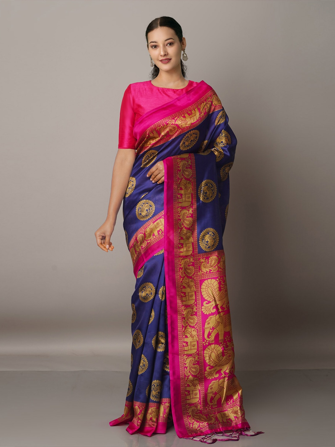 

Unnati Silks Navy Blue & Pink Ethnic Motifs Art Silk Block Print Saree