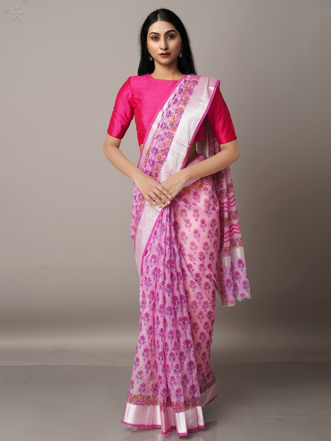 

Unnati Silks Ethnic Motifs Print Zari Pure Cotton Kota Saree, Pink