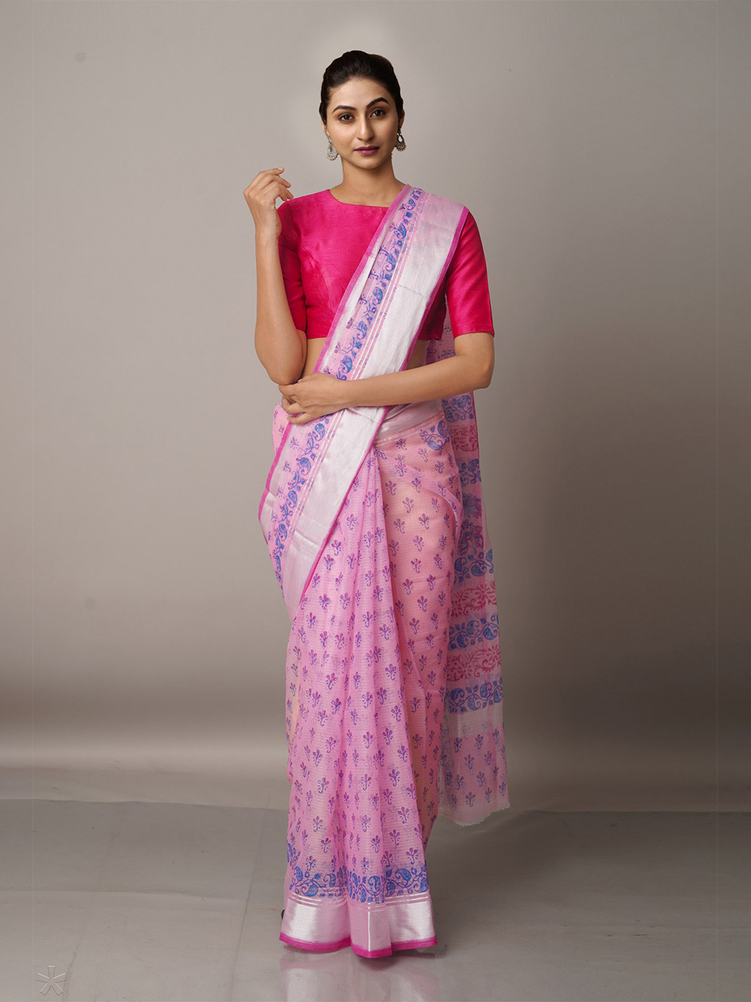 

Unnati Silks Pink & Blue Ethnic Motifs Zari Pure Cotton Kota Saree