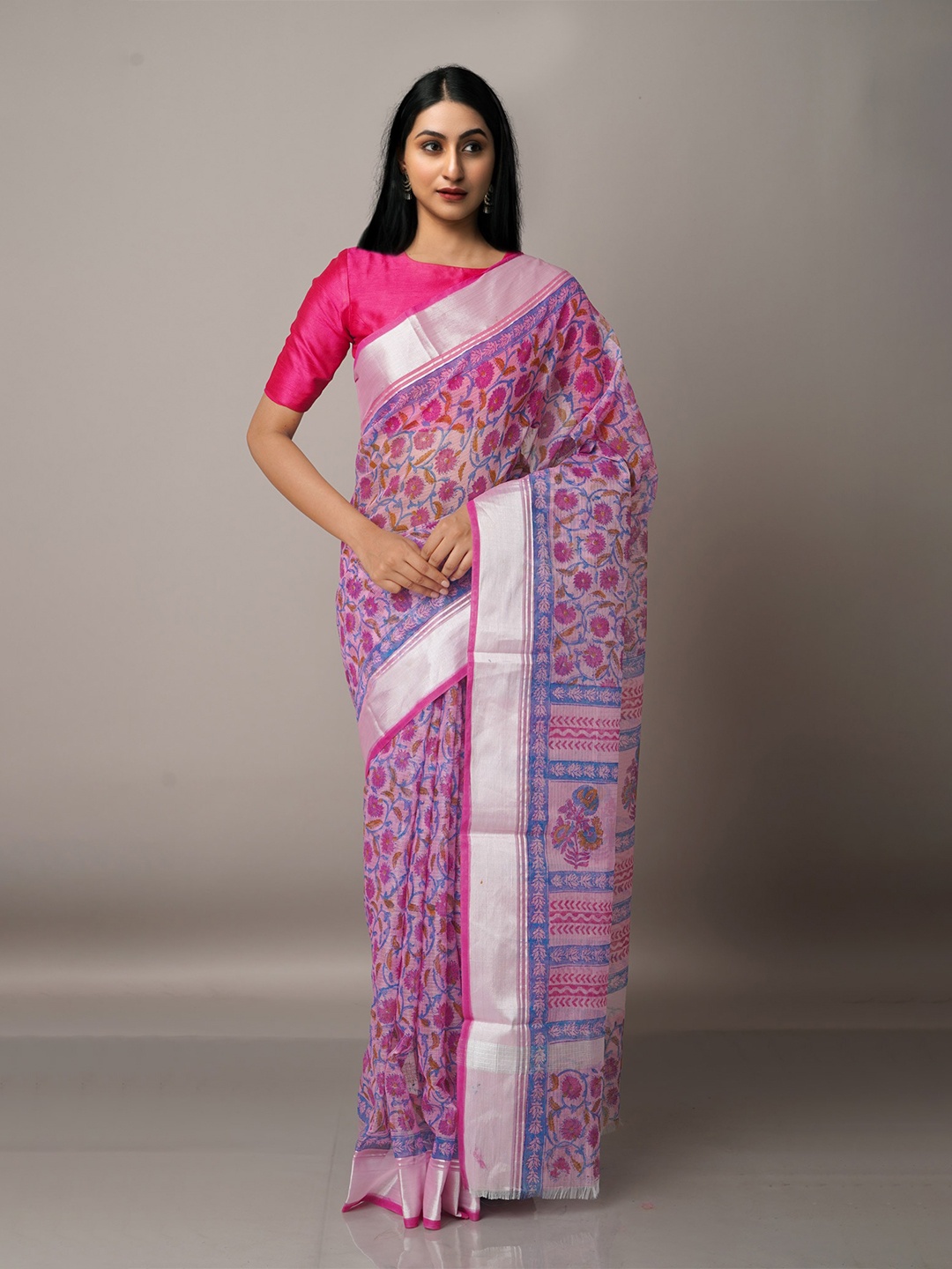 

Unnati Silks Pink & Blue Floral Zari Pure Cotton Kota Saree