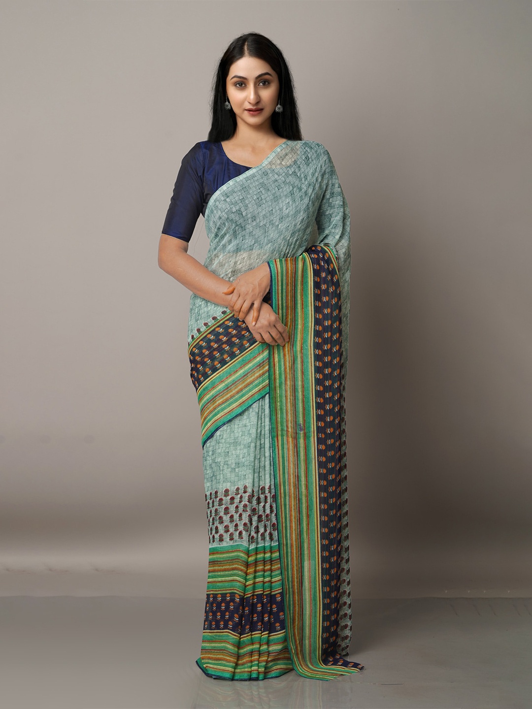 

Unnati Silks Green & Orange Block Print Saree